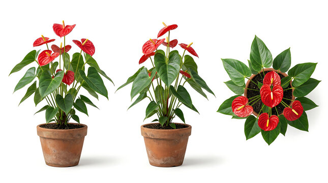 Red Anthurium laceleaf houseplants in terracotta pots from multiple perspectives isolated on white background