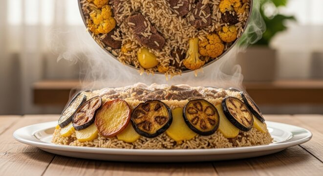 Traditional maqluba dish with upside down rice meat and vegetables including eggplant cauliflower and potatoes on white plate