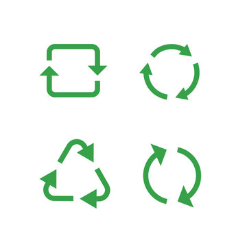 フラットデザインの緑色のリサイクルマークと循環矢印のアイコンセット | 環境保護やエコ素材のイラスト
