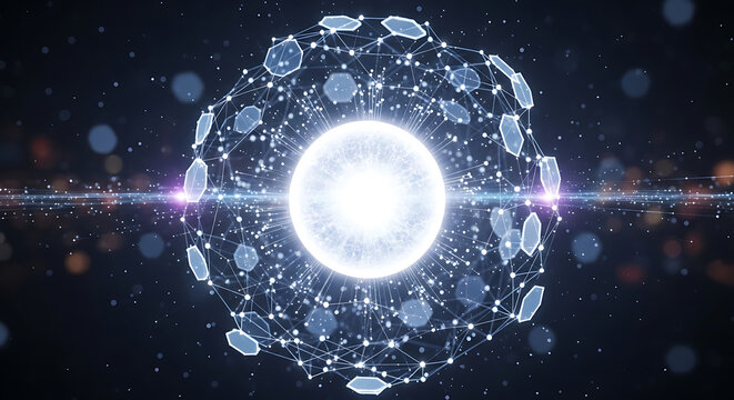 Futuristic digital artificial intelligence concept featuring a glowing white core sphere surrounded by glowing geometric hexagon network pattern and technological light ray on dark background.