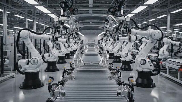 Industrial robots assemble automotive parts in a modern factory setting with machinery.