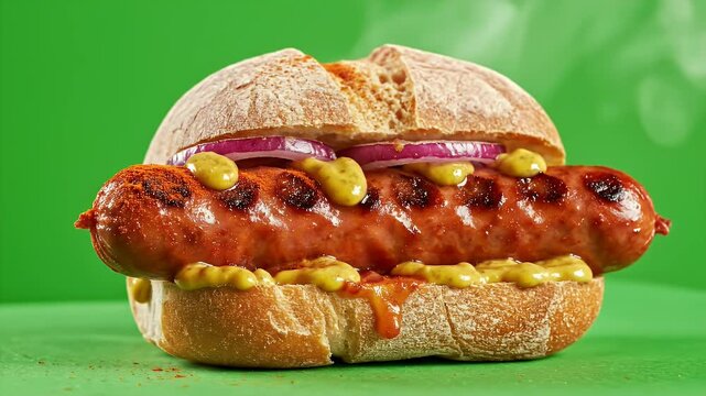 Delicious Hungarian Sausage Sandwich With Mustard Red Onion And Smoked Paprika On A Crusty Bun Studio Shot With Green Background