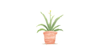 Obraz premium A watercolor illustration of a potted aloe vera plant, showcasing its unique succulent leaves and delicate yellow flowers in a terracotta pot