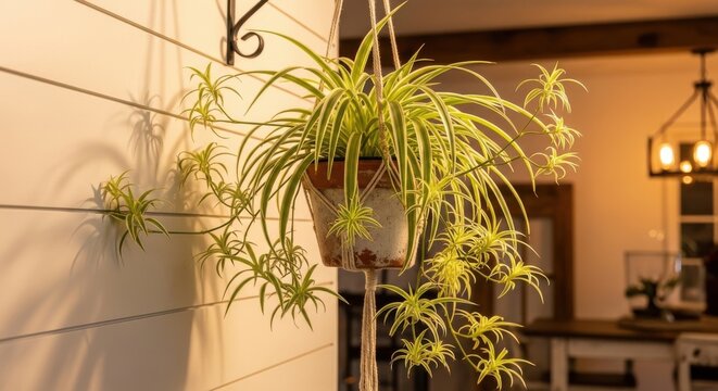 Lush hanging spider plant with long variegated leaves and numerous baby plantlets cascading from its pot indoors.