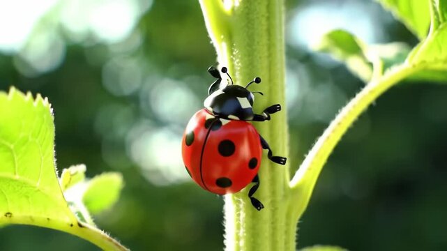 A ladybug slowly moving on a plant stem in a garden close up view with blurred background