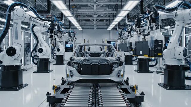 Robotic arms assemble a car on a production line in a modern factory