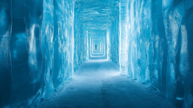 Endless blue ice tunnel with glowing light in frozen style