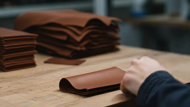 Hands folding brown leather material on wooden table, workshop production footage