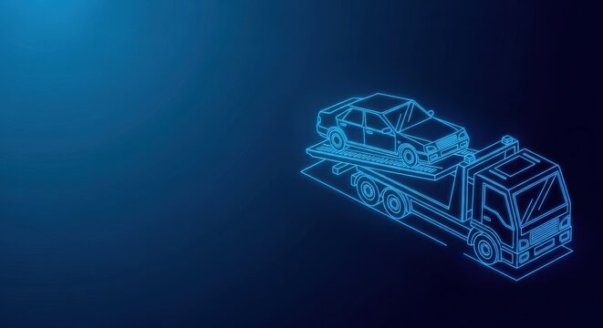 Detailed illustration of a car being towed on a flatbed tow truck against a dark blue digital background