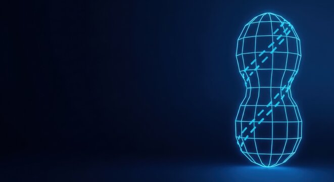 Detailed Wireframe of a Peanut with Glowing Blue Edges on a Dark Blue Gradient Background