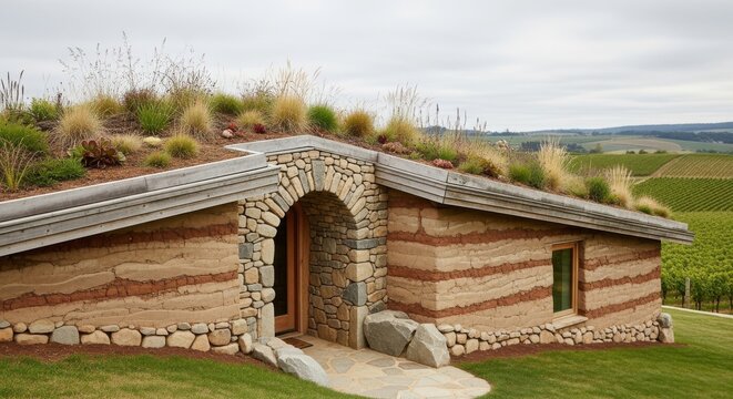 Earthy Rammed Earth Dwelling with Natural Stone Archway and Green Roof.