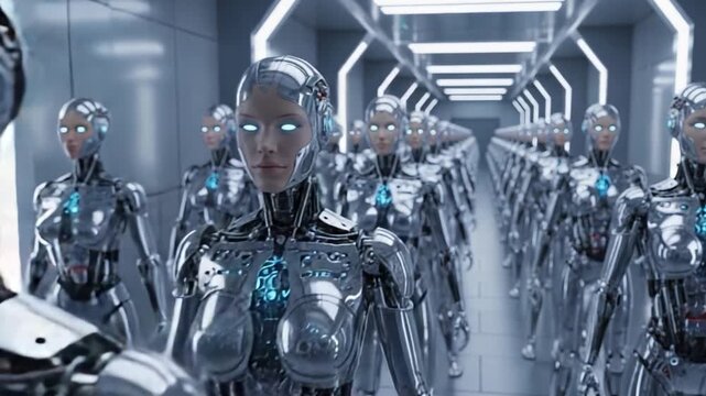 Futuristic androids walking in a sterile corridor advanced robots with glowing eyes and metallic bodies
