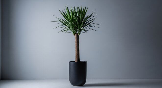 Tall Yucca Elephantipes Plant With Sword-Like Green Leaves In A Dark Modern Pot Showcasing Natural Elegance