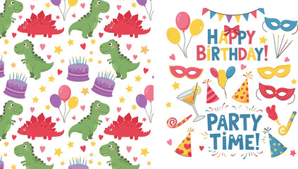 Cute Dinosaur Birthday Party Vector Set Featuring Seamless Pattern with T-Rex and Stegosaurus Plus Festive Clip Art for Kids Celebration Design. © Halima