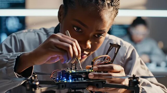 Young Black woman engineering an advanced drone with glowing circuit boards, representing the global youth future and International Youth Day's technological innovation.