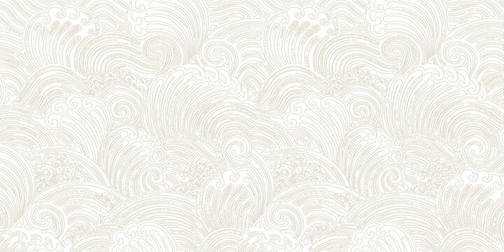 Elegant beige seamless wave pattern with ornate swirling lines and embossed decorative texture,
