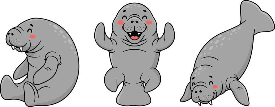 Cute manatee cartoon character set featuring three happy sea cow poses including sitting, waving, and swimming, ideal for marine life and ocean conservation illustrations.