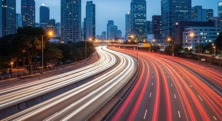 Obraz premium Urban Expressway Light Trails And Cityscape At Dusk