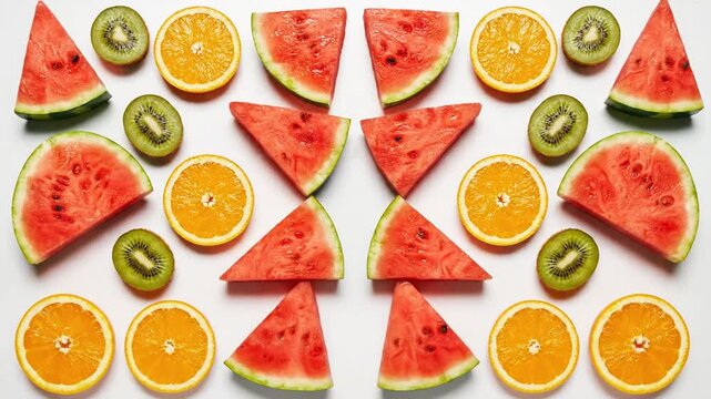 Fresh fruit arrangement on a table with slices of watermelon oranges and kiwis