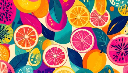 Naklejka premium Vibrant Abstract Fruit Composition Featuring Citrus Slices, Leaves, and Bold Colors