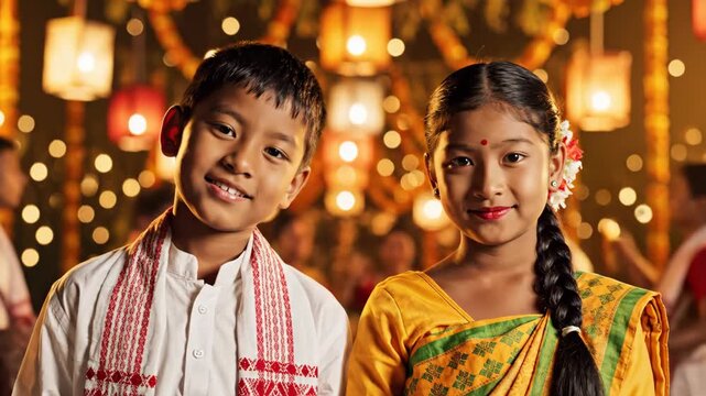 Smiling assamese children in traditional bihu attire celebrating the vibrant rongali bihu festival.