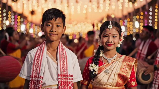 Smiling assamese children in traditional attire celebrate rongali bihu against a vibrant festive backdrop.