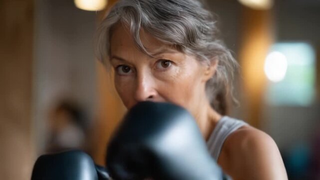 Active senior woman training boxing workout in gym focused on fitness and healthy lifestyle