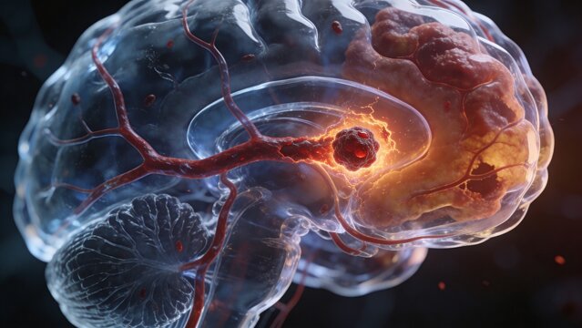 Active Brain Tumor or Neurological Lesion with Glowing Energy in a Translucent Human Brain