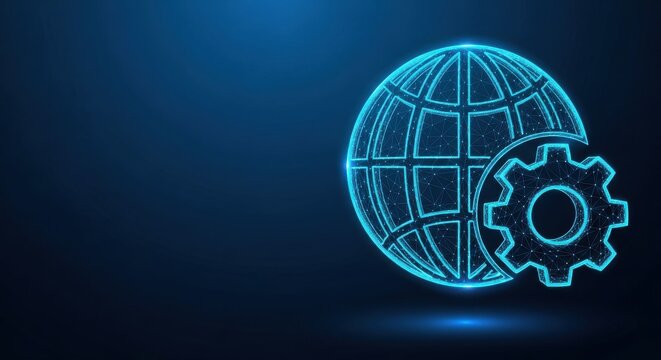Glowing digital globe and gear connected within a futuristic blue network, symbolizing global technology and interconnected systems