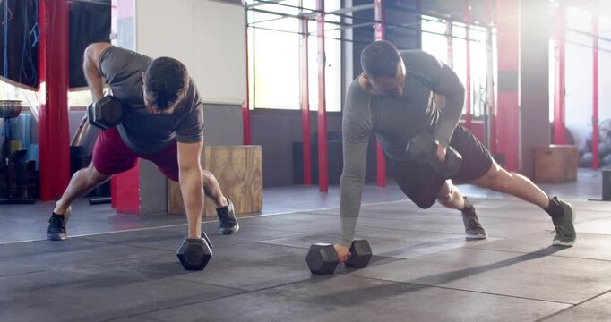 Diverse male workout duo at gym planking into push-ups and rowing dumbbells for strength