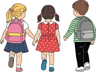 Obraz premium School Kids Walking Together Vector Illustration with Backpack Children Friendship