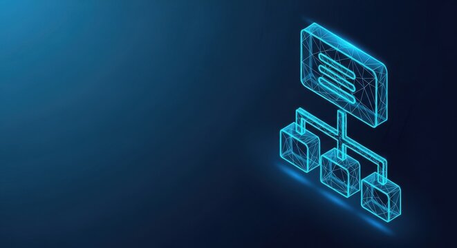 Digital Network Architecture Flow Chart with Glowing Blue Lines on Dark Background