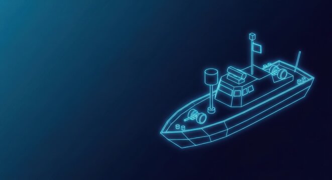 Futuristic Neon Wireframe Boat Illustration on Dark Blue Background Representing Maritime Technology