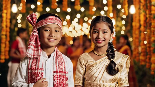 Joyful assamese children in traditional attire smile, celebrating vibrant rongali bihu against a golden floral background.