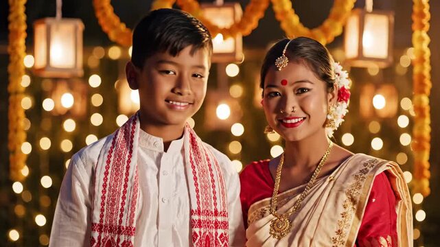 Smiling assamese boy and girl celebrate rongali bihu with traditional attire against a warm, festive bokeh background.