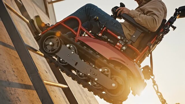 Man riding tracked vehicle up ramp.
