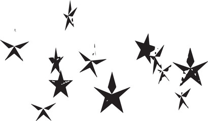 Fototapeta premium A collection of scattered black star shapes with a distressed grunge texture on white background