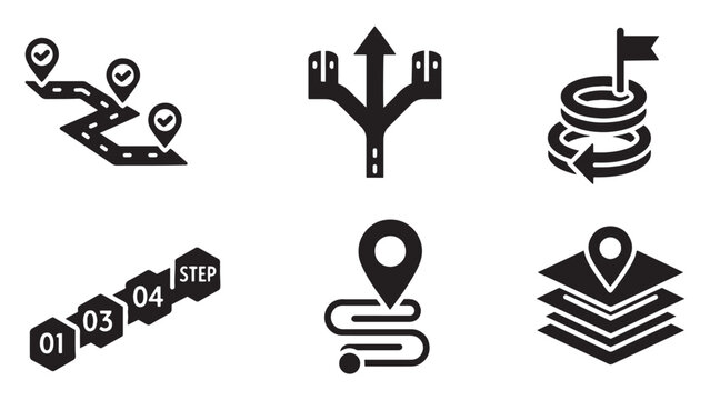 Business Journey and Strategic Roadmap Icon Set for Planning, Decision Making, and Goal Navigation Concepts