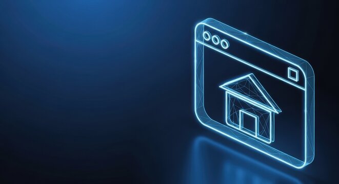 Futuristic digital home icon within a glowing browser window on a dark blue background