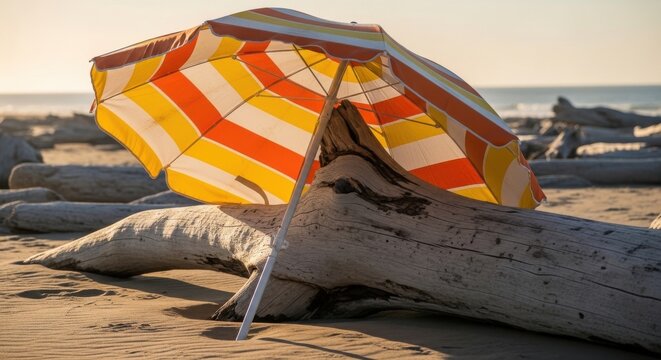 Colorful striped beach umbrella casting shade over driftwood on a sunny sandy shore
