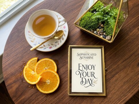 A warm cup of tea with fresh orange slices and a framed inspirational quote on a dark wooden table