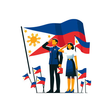 Araw ng Kagitingan Flat Illustration with Two People Saluting with Flags
