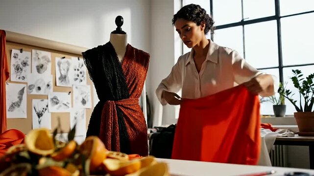 A young fashion designer precisely drapes fabric on a mannequin, celebrating International Youth Day and envisioning a bright global youth future.