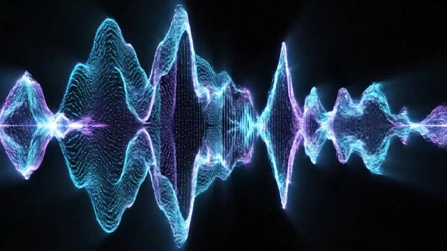 Abstract digital audio frequency spectrum visualization featuring glowing cyan and purple wave patterns oscillating across a deep black background with modern futuristic aesthetic energy.