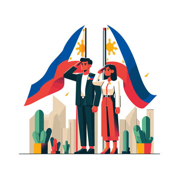 Araw ng Kagitingan Patriotic Scene with Two People and Flags &ndash; Flat Vector
