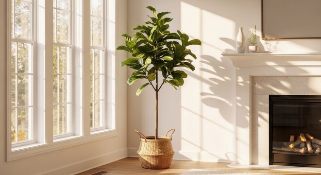 A tall, vibrant fiddle leaf fig tree thrives in a woven basket, bathed in warm sunlight casting elegant shadows indoors.