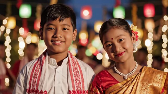 Smiling assamese children in traditional attire celebrating rongali bihu festival with festive lights.