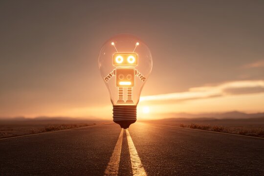 A glowing lightbulb with robot icon glowing at the end of a road leading into the distance, sunrise lighting