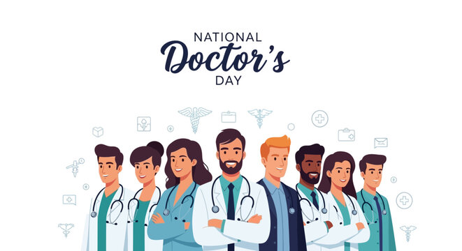 Illustration of diverse medical professionals standing together in a supportive healthcare team on National Doctor's Day with a professional and appreciative mood.