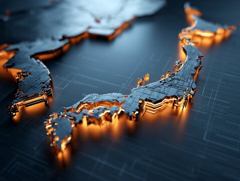 サイバーパンクな世界観で表現された光り輝く日本列島と回路図のような3Dの地図素材